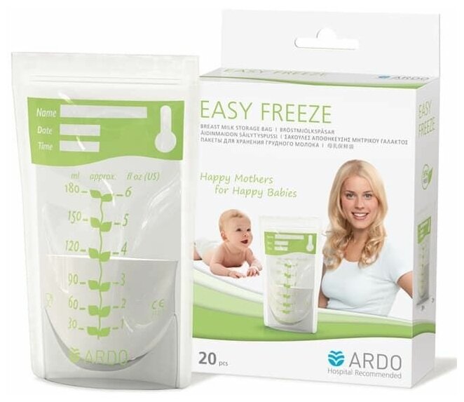Пакеты для сбора и замораживания грудного молока Ardo "Easy Freeze", с индикатором температуры и верхним зажимом, 20 шт