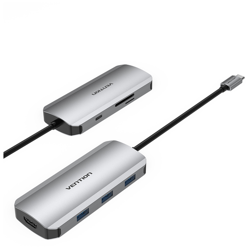 Vention Мультифункциональный хаб USB Type C 7 в 1, HDMI 4K + 3xUSB 3.0 + SD/TF + PD 100W, арт. TOJHB адаптер hoco hb32 8 in 1 разветвитель type c to hdmi rj45 usb2 0 2 usb3 0 sd microsd usb c 100w хаб серый