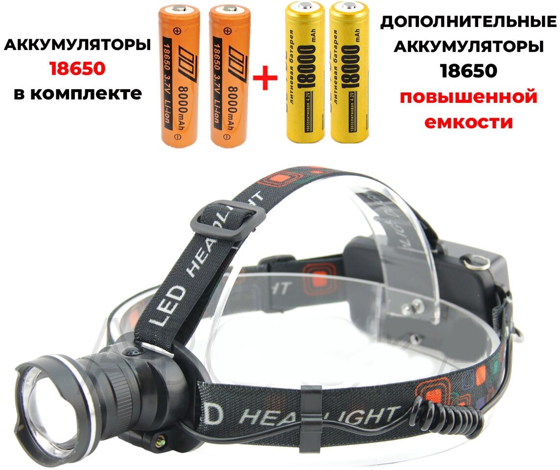 Мощный светодиодный налобный фонарь, 2 режима холодный и красный свет + 2 доп. аккумулятора 18650 повышенной емкости/HT-O235-2