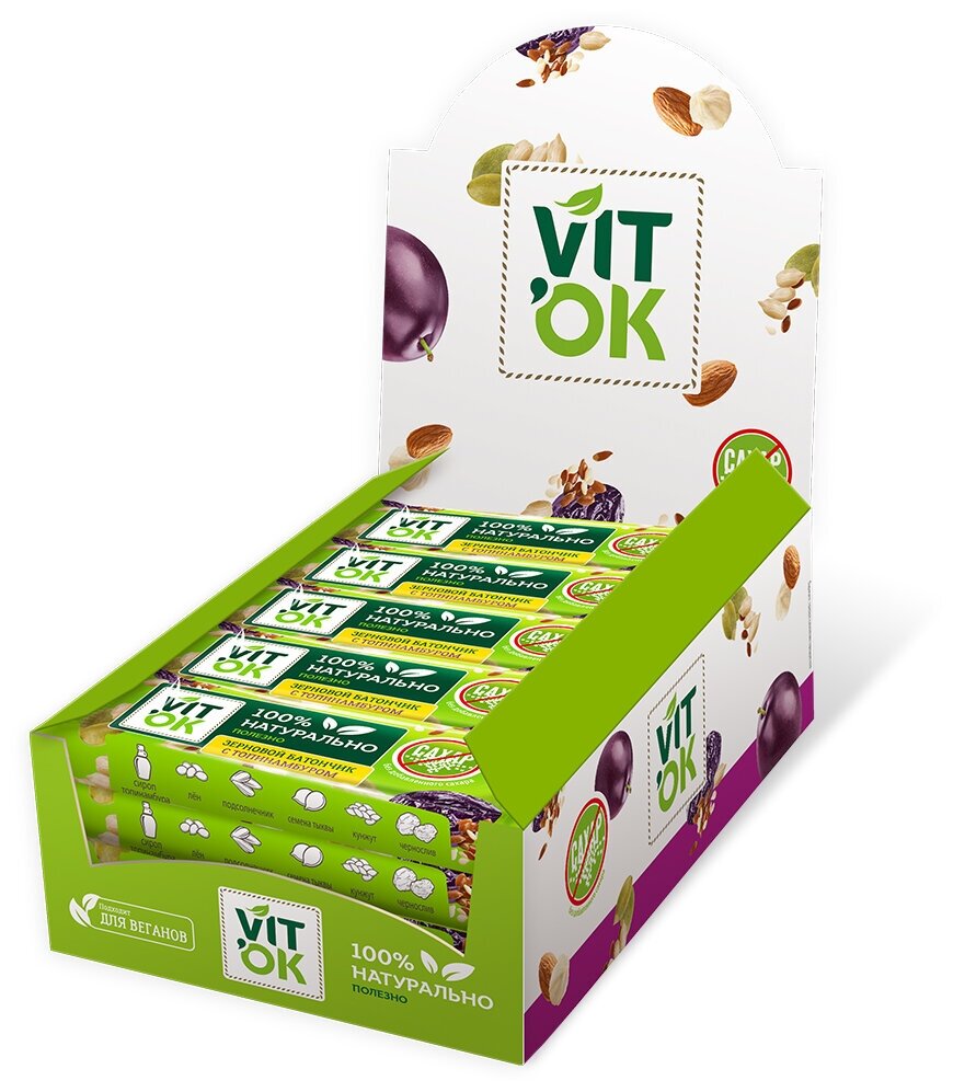 Батончики Vitok ассорти полезные 100% натуральные неглазированные без сахара злаковые и фруктово-ореховые, 36 шт по 30 г