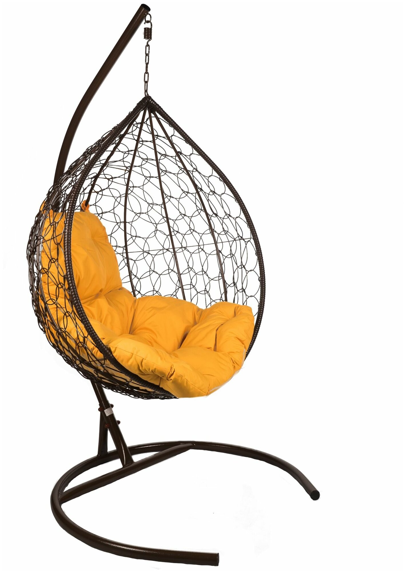 Подвесное кресло "Капля", цвет плетения – коричневый, подушка – оранжевый, каркас – коричневый - фотография № 1