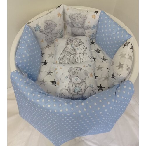 Постельное белье детское в кроватку и бортики защитные, для новорожденного комплект Медвежонок (голубой)