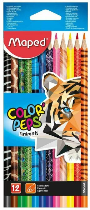 Карандаши цветные MAPED COLOR'PEPS ANIMALS С декором, 12 цветов, картонная коробка