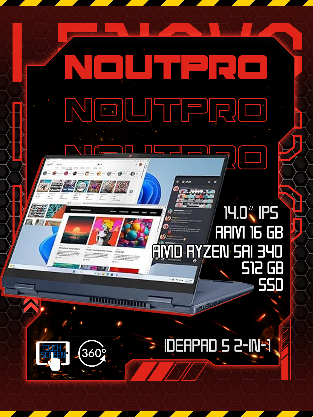 Ноутбук Lenovo IdeaPad 5 2-in-1, AMD Ryzen™ 5AI 340, RAM 16GB, SSD 512GB,14.0″ IPS Touchscreen 360°