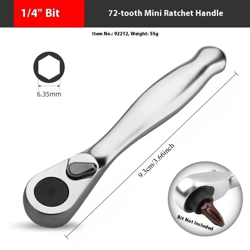 Мини-трещотка 1/4" 72-зубья, 9.3см, A