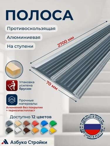 Изображение товара Полоса противоскользящая алюминиевая накладка на ступени с двумя вставками 70мм, 2.7м, серый