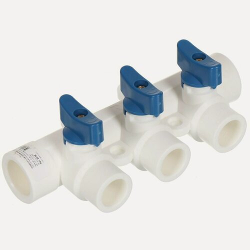 Изображение товара Коллектор полипропиленовый РосТурПласт 25х20 мм, 3 выхода с кранами, белый, для отопления и водоснабжения