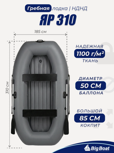 Изображение товара Надувная лодка для рыбалки, ПВХ, гребная Big Boat Яр310 НДНД