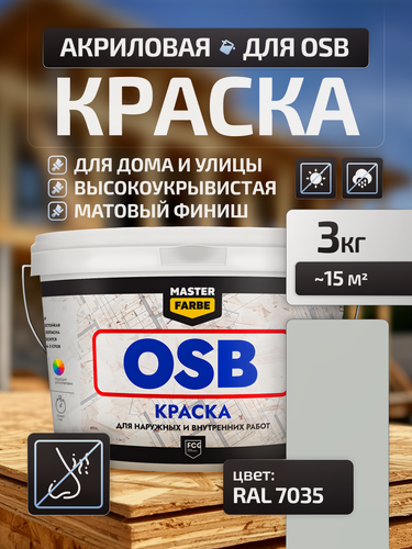 Изображение товара Краска акриловая MASTERFARBE для OSB плит, матовый, RAL 7035, серый, 3 кг