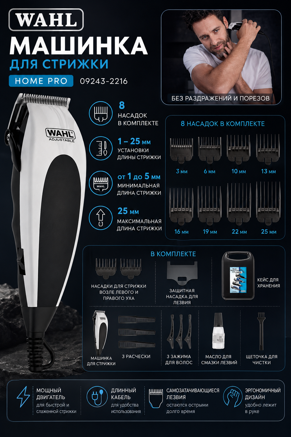 Машинка для стрижки Wahl Home Pro 09243-2216, 10 насадок, ширина лезвия 40мм