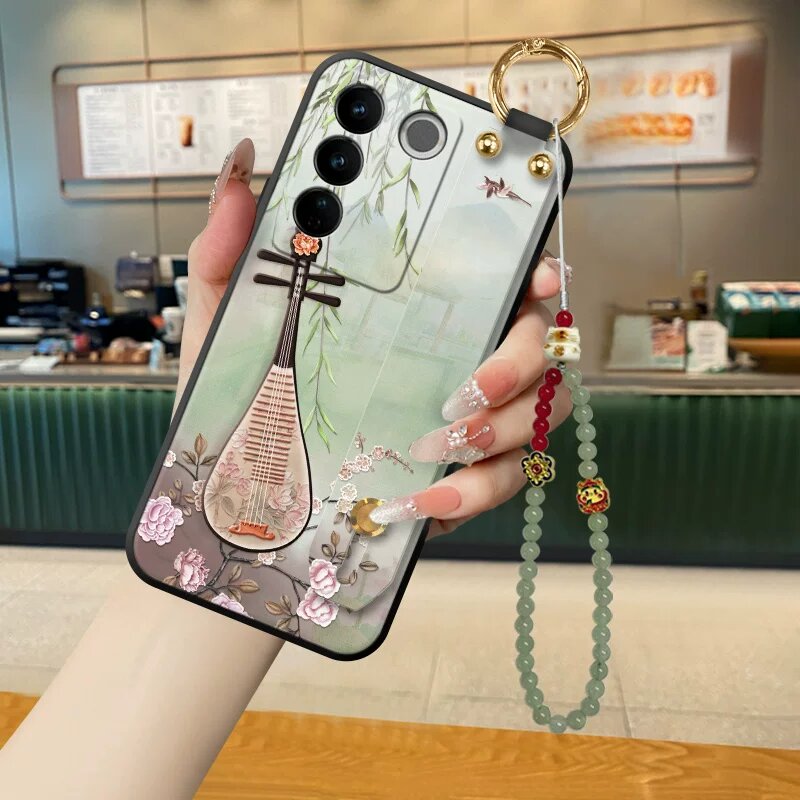 Чехол для Vivo S20 Pro с черной матовой поверхностью и узором пипа-птицы с рельефом, ремешок-держатель, модель G224