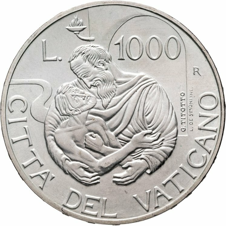 Ватикан 1000 лир lire 1997 "19-й год правления Иоанна Павла II", Биметалл 835, в сохранности UNC