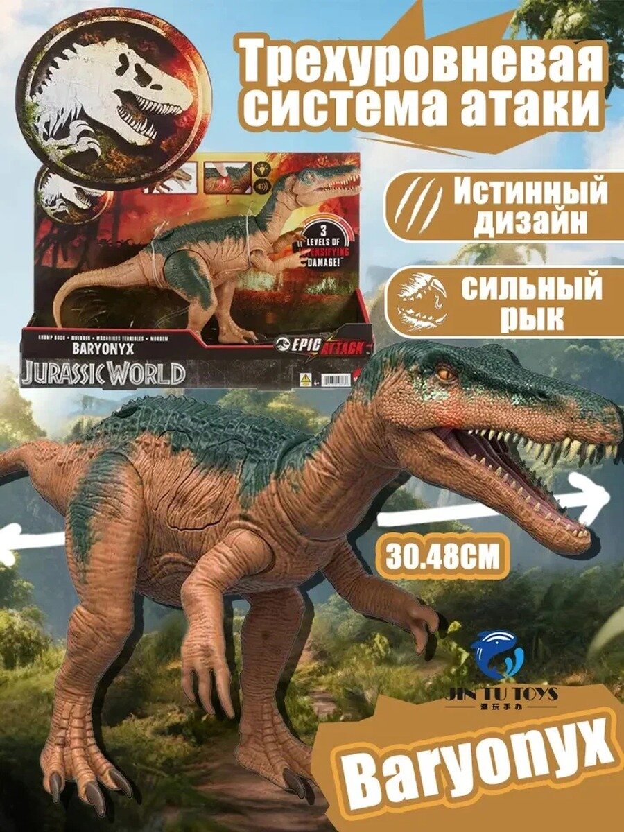 Динозавры Mattel Jurassic World Epic Attack Baryonyx HTP68 Игрушечная модель Барионикс из мира