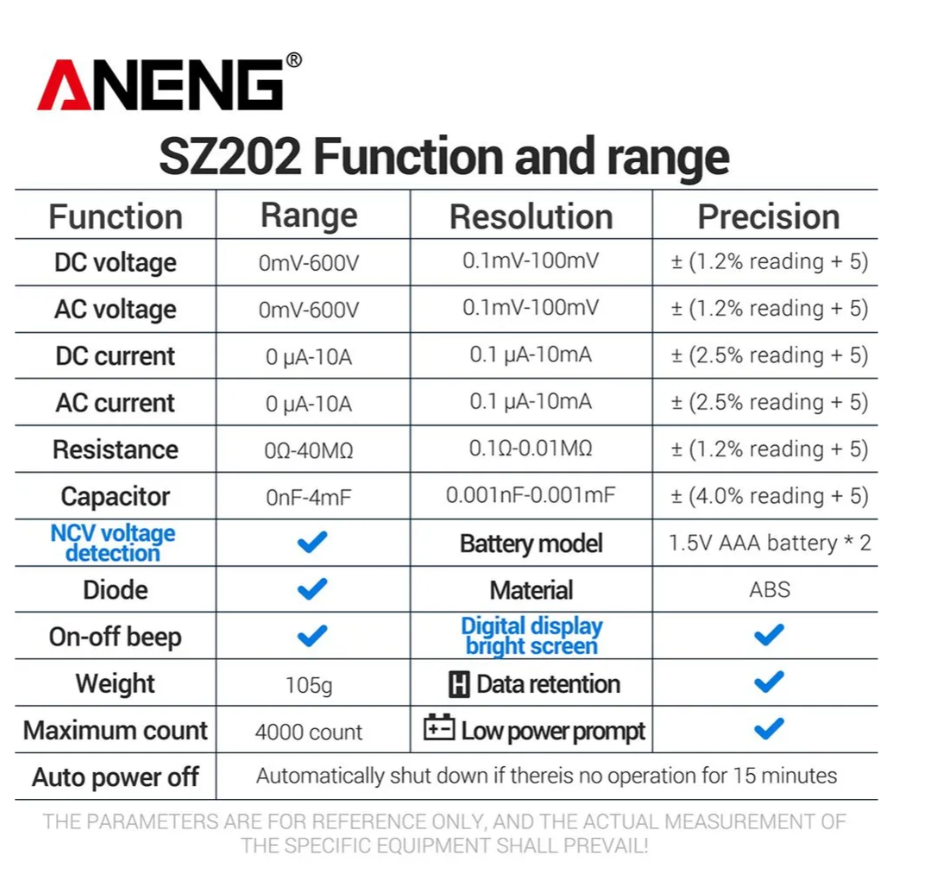 Мультиметр ANENG SZ202, измерение постоянного напряжения, автоматический диапазон