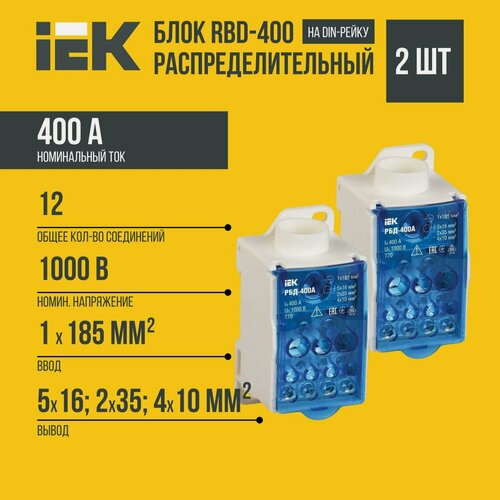 Изображение товара (2 шт) Блок распределительный РБД-400А на DIN-рейку 12 соединений IEK