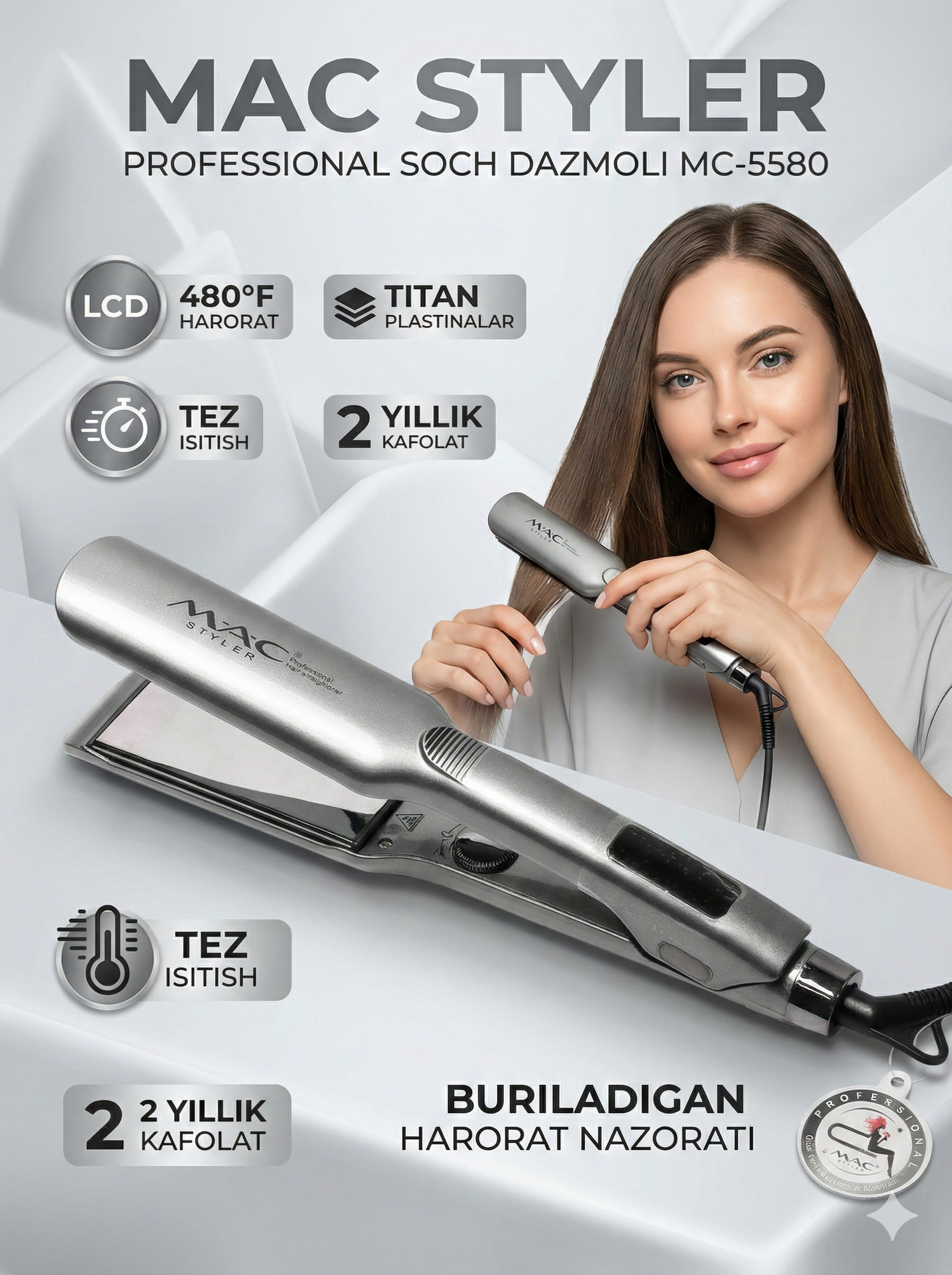 Профессиональный утюжок, выпрямитель для волос "MAC Styler" MC-5580 , LCD дисплеем с титановой пластиной