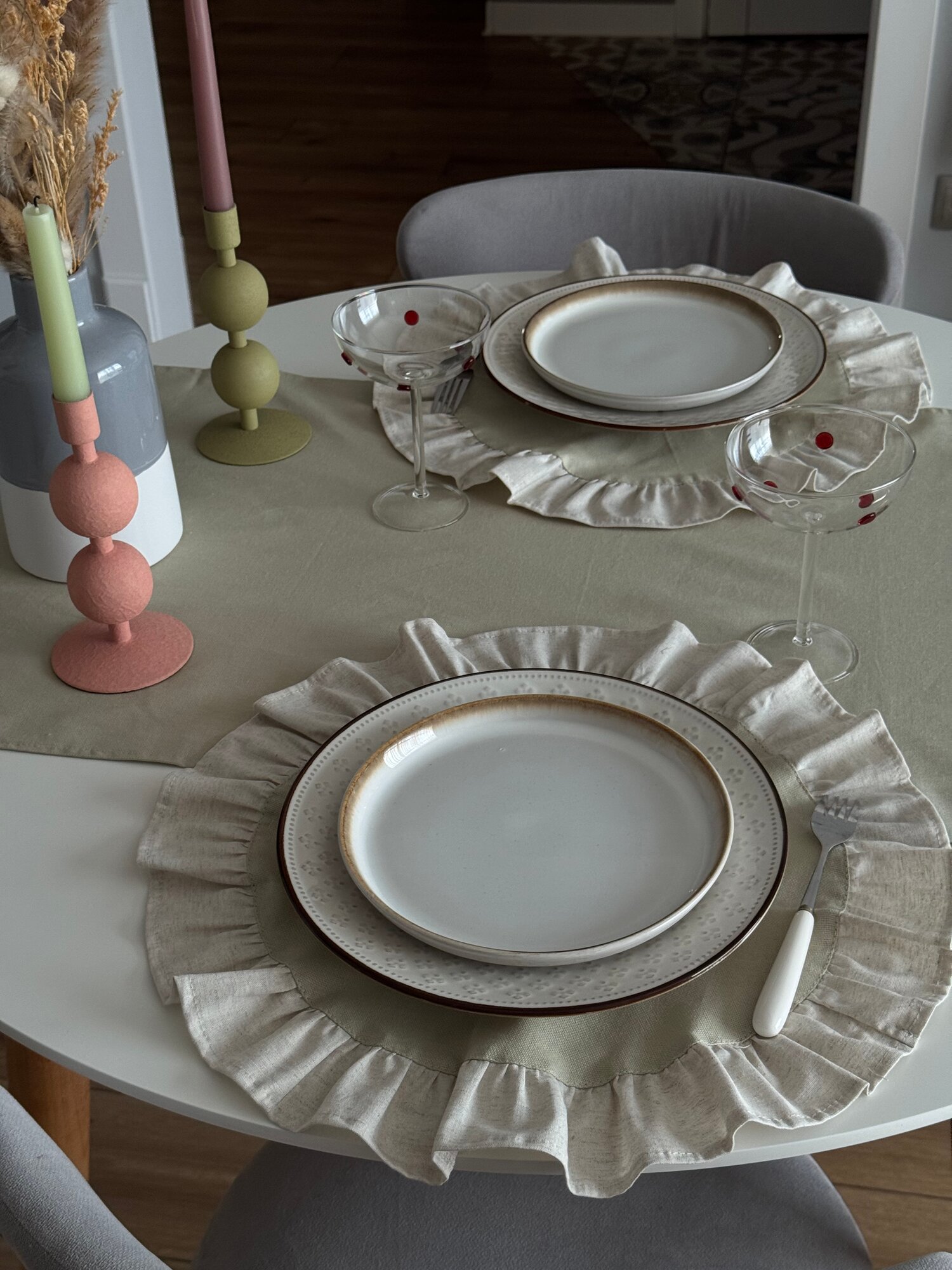 Салфетки сервировочные с рюшей, светло-зеленые, 4 шт