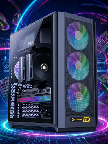 Изображение товара Корпус для ПК GAMEMAX F46 BK Midi-Tower, ATX, поддержка BTF, стекло, 4*120мм ARGB, кронштейн VGA, без БП