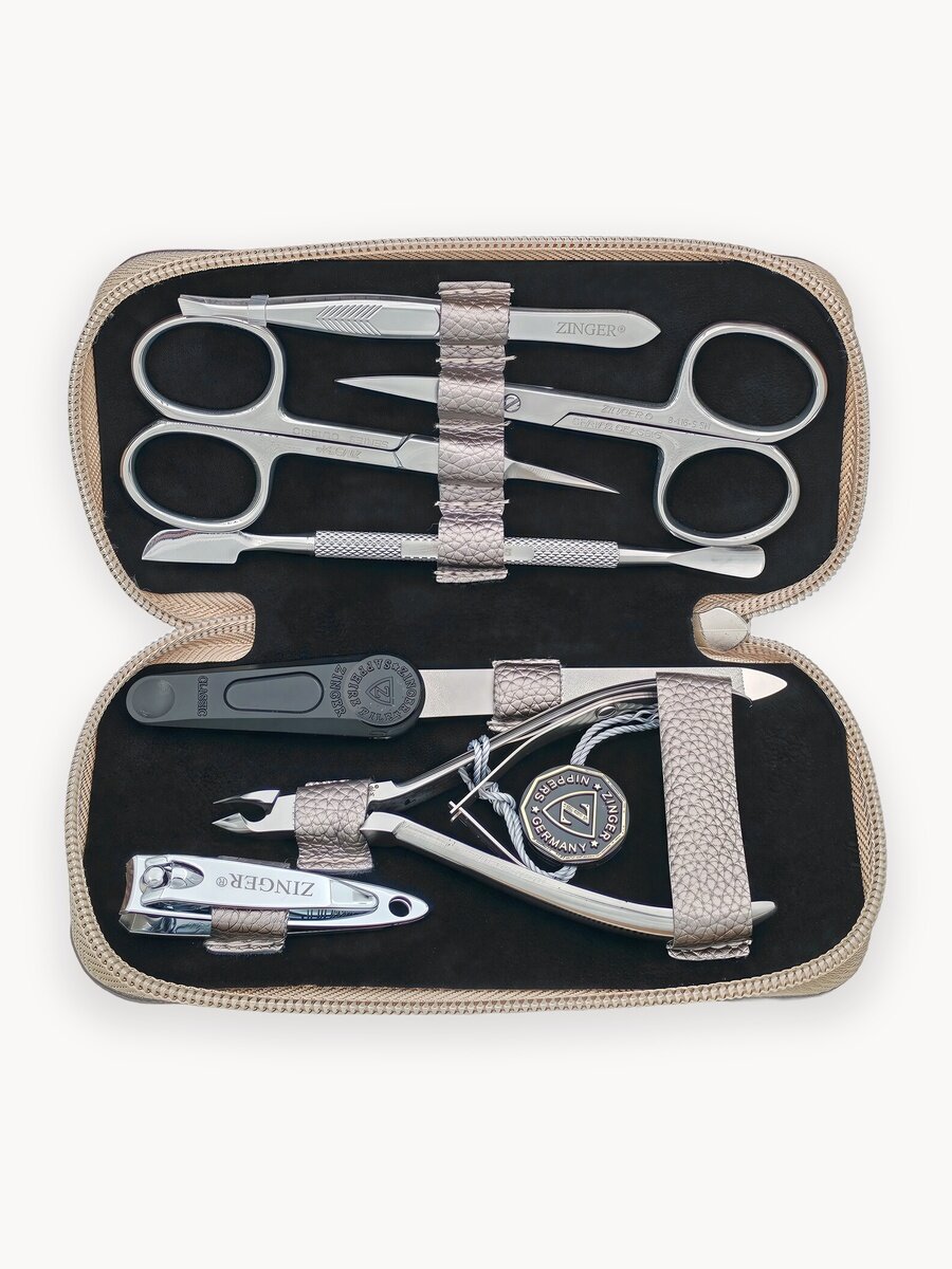 Маникюрный набор Zinger 7105, 7 предметов, медицинская сталь, серебристый/светлый шампань