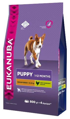 Eukanuba Puppy Medium Breed полнорационный сухой корм для щенков средних пород, с курицей - 800 г