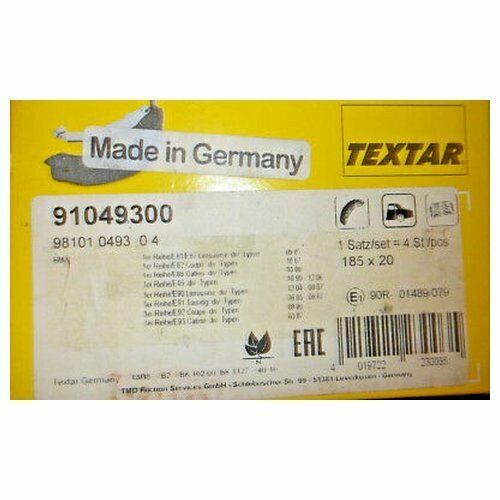 Комплект колодкок стояночного тормоза Textar 91049300 для BMW 1 серия E81, E82, E87, E88, 2 серия F22, F87, 3 TOURING VAN F31, 3 серия E46