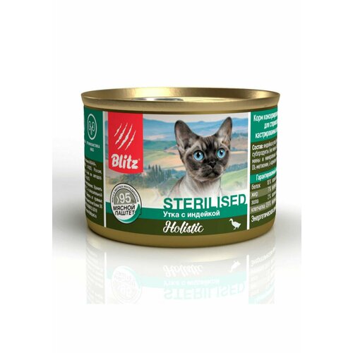 BLITZ - корм консервированный полнорационный для стерильных кошек и кастрированных котов утка С индейкой - 200 грамм, 24 штук