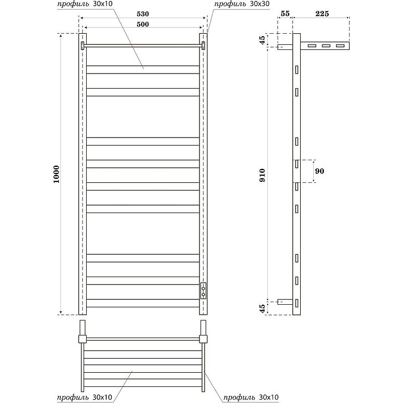 Полотенцесушитель электрический Point Меркурий PN83850PB П9 500x1000 с полкой, диммер справа, черный - фотография № 5