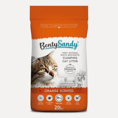 Изображение товара Наполнитель для кошачьих туалетов Bentysandy Orange комкующийся, бентонитовый, с ароматом апельсина, 17,2 кг (20 л)