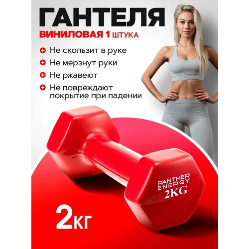 Гантель Pantera Energy, виниловая, неразборная, вес 2кг красный