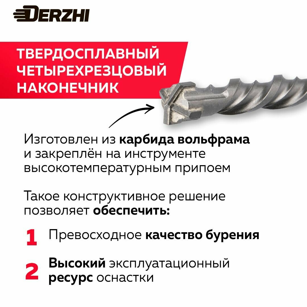 Бур для перфоратора по бетону SDS plus про (4 резца) ф10х150/210 DERZHI, для бетона, кирпича, камня — фото 1