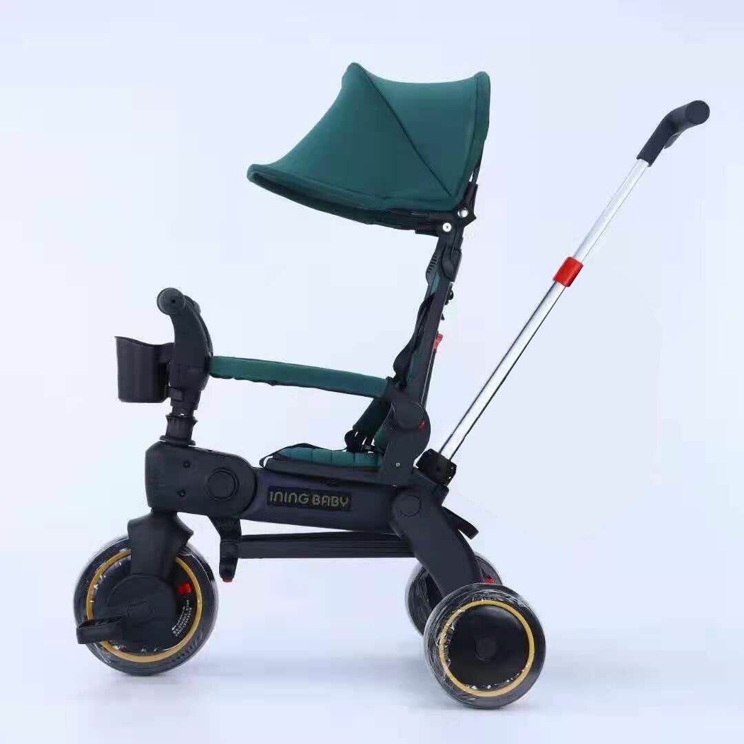 Складной трехколесный детский велосипед - коляска с родительской ручкой, Flame green, зелёная