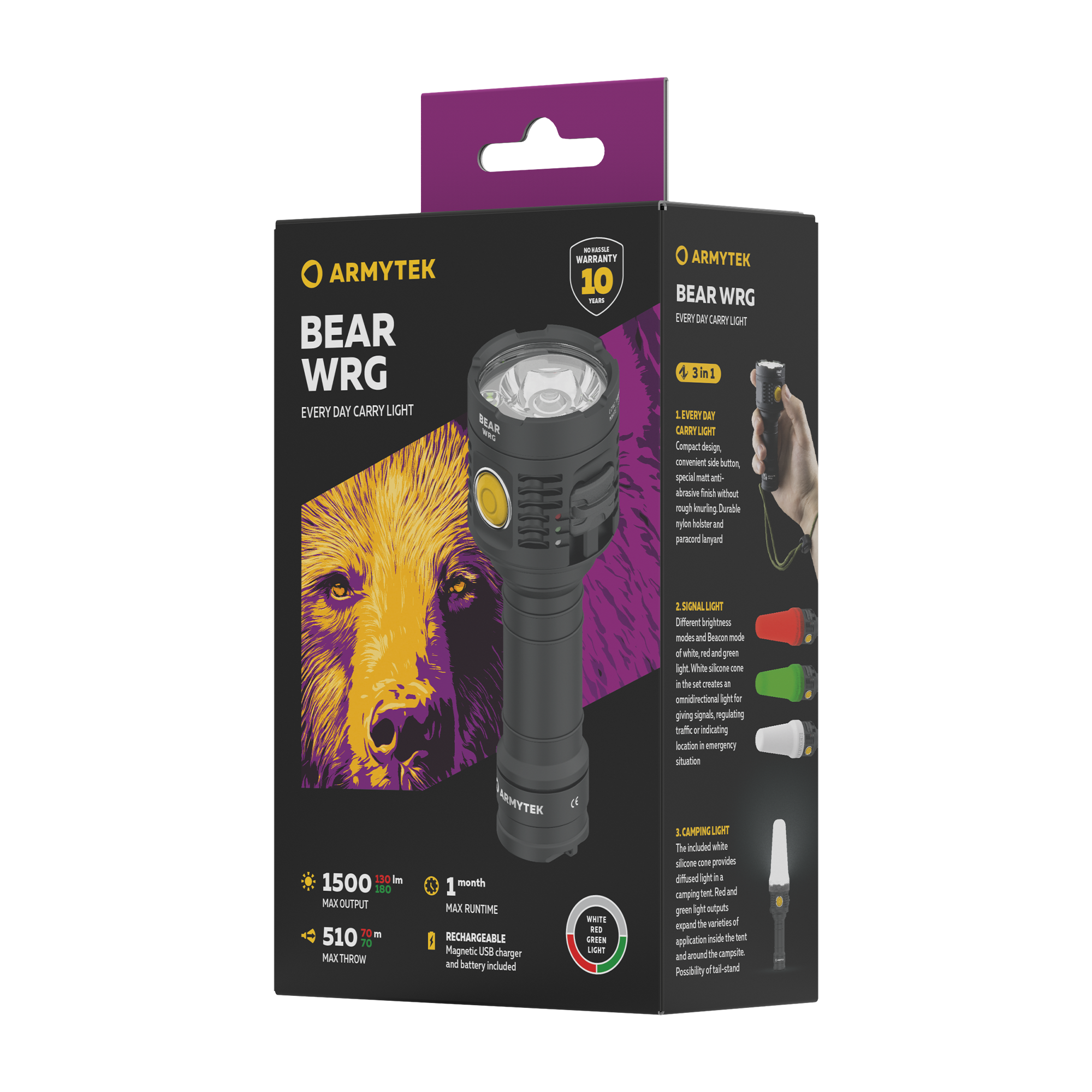 Туристический фонарь Armytek Bear WRG, 1500 лм, IP-68, противоударный, белый, красный, зелёный свет