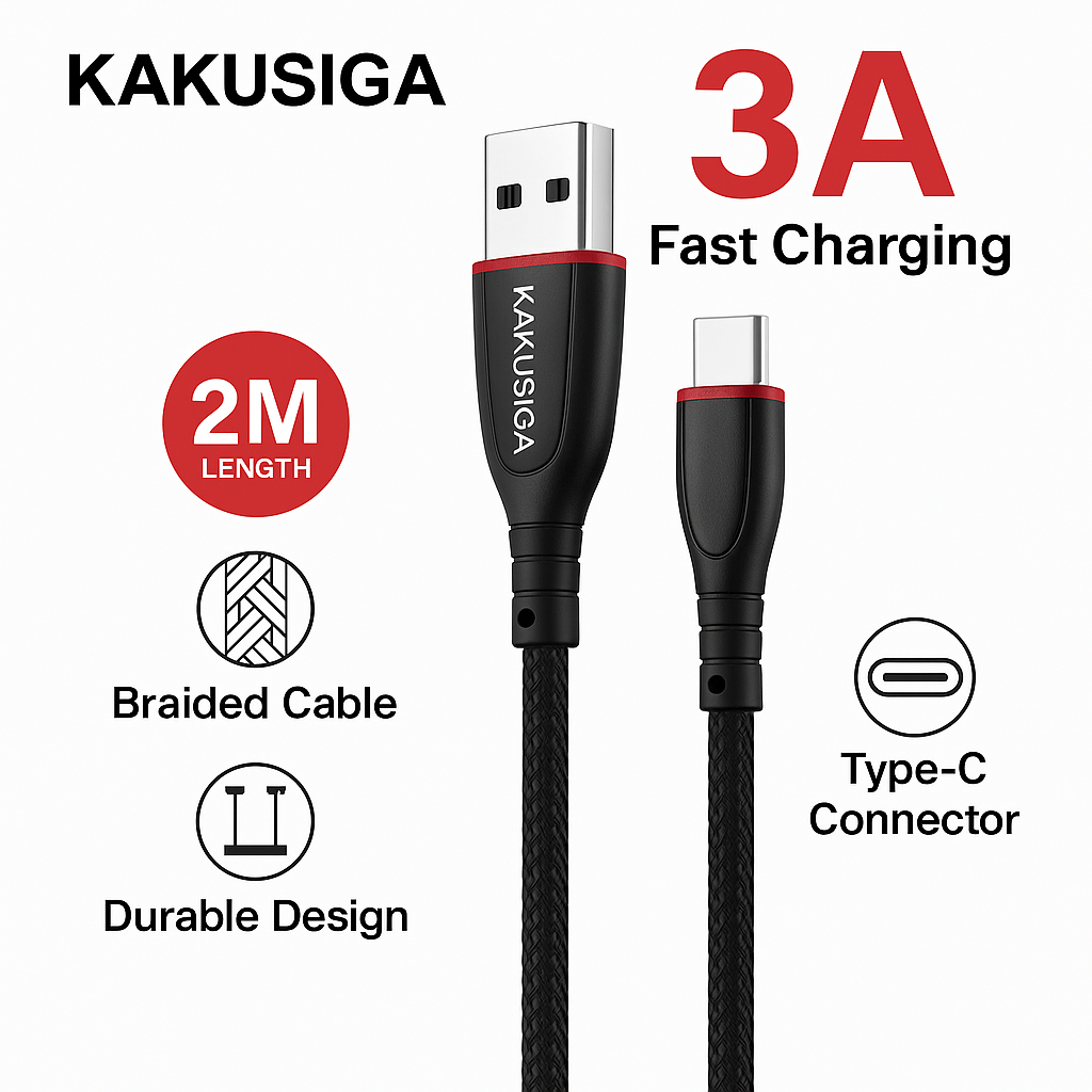 Кабель Kakusiga Type-C 3A, 2 метра, быстрая зарядка, прочный плетеный кабель