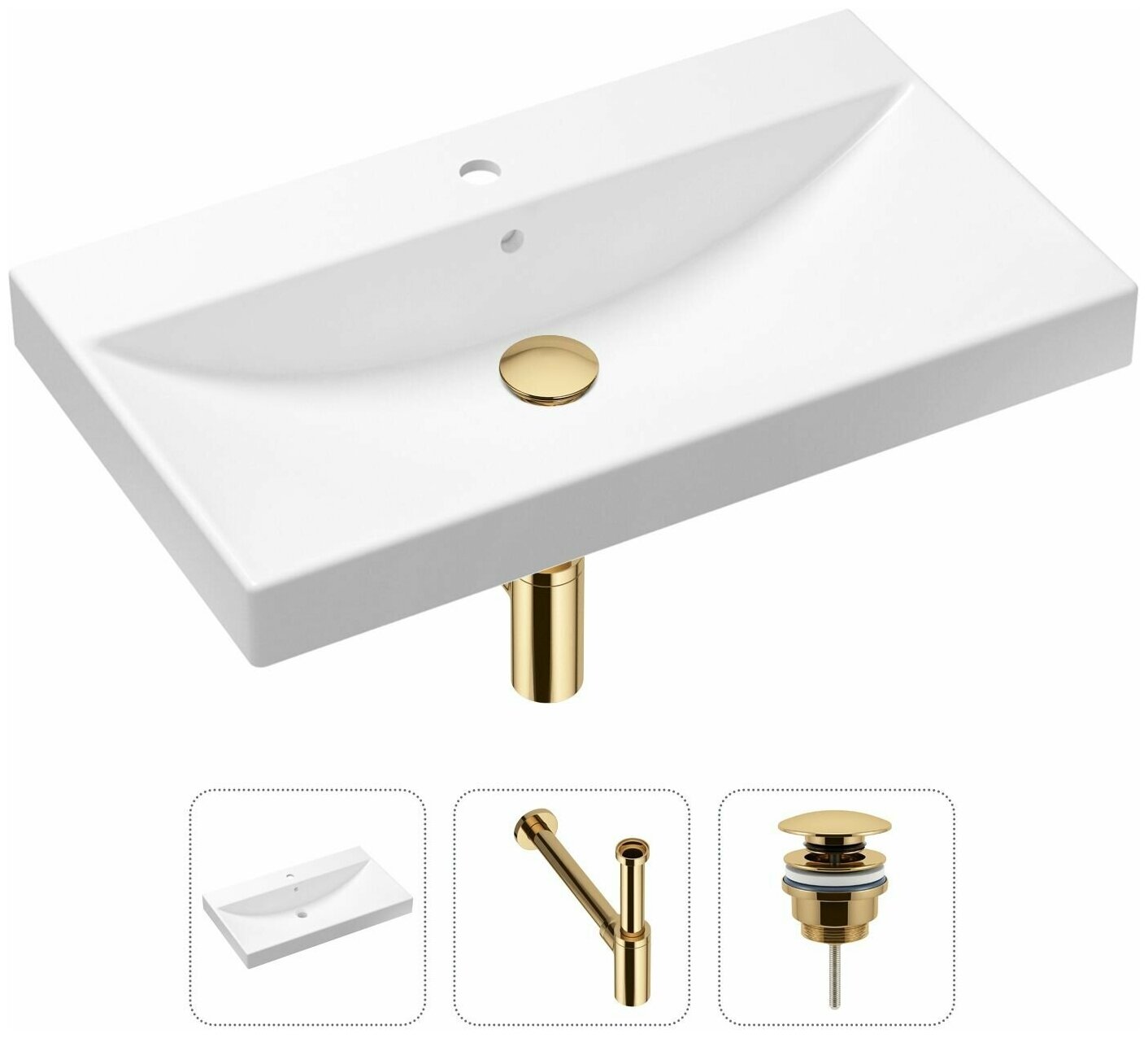 Комплект 3 в 1 Lavinia Boho Bathroom Sink 21520605: врезная фарфоровая раковина 80 см, металлический сифон, донный клапан