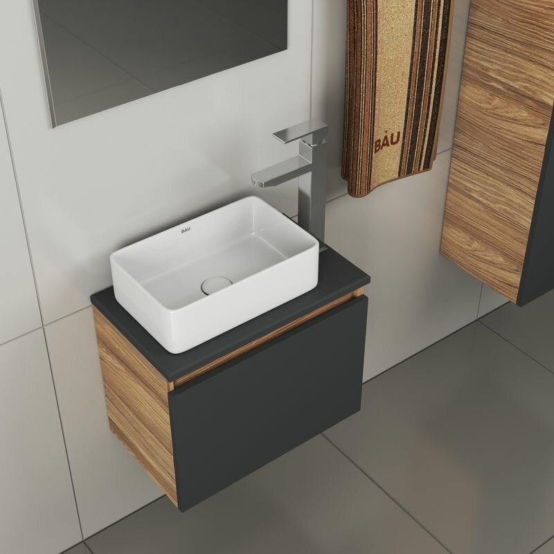 Комплект для ванной, 4 предмета (тумба Bau 50, графит + раковина BAU Hotel mini 38х24 + смеситель Hotel Still, выпуск клик-клак, белый)