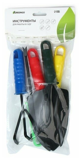 Набор садового инструмента, 5 предметов: 2 совка, рыхлитель, вилка, корнеудалитель, длина 27 см, пластиковые ручки, цвет микс - фотография № 8