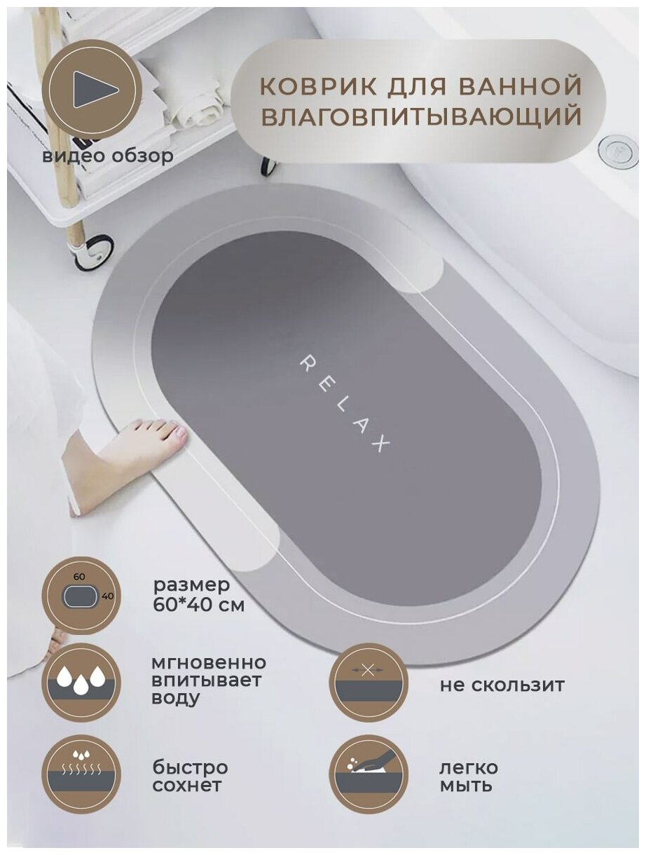 Коврик для ванной быстросохнущий влаговпитывающий серый 60х40