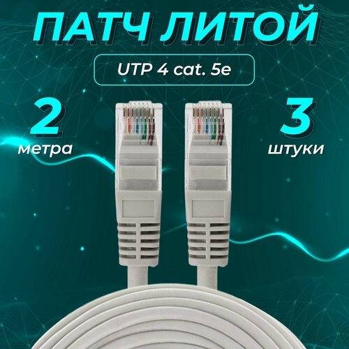 Патч-корд 2 метра, 3 шт. интернет кабель, RJ-45, категория 5e, UTP, серый, REDMART