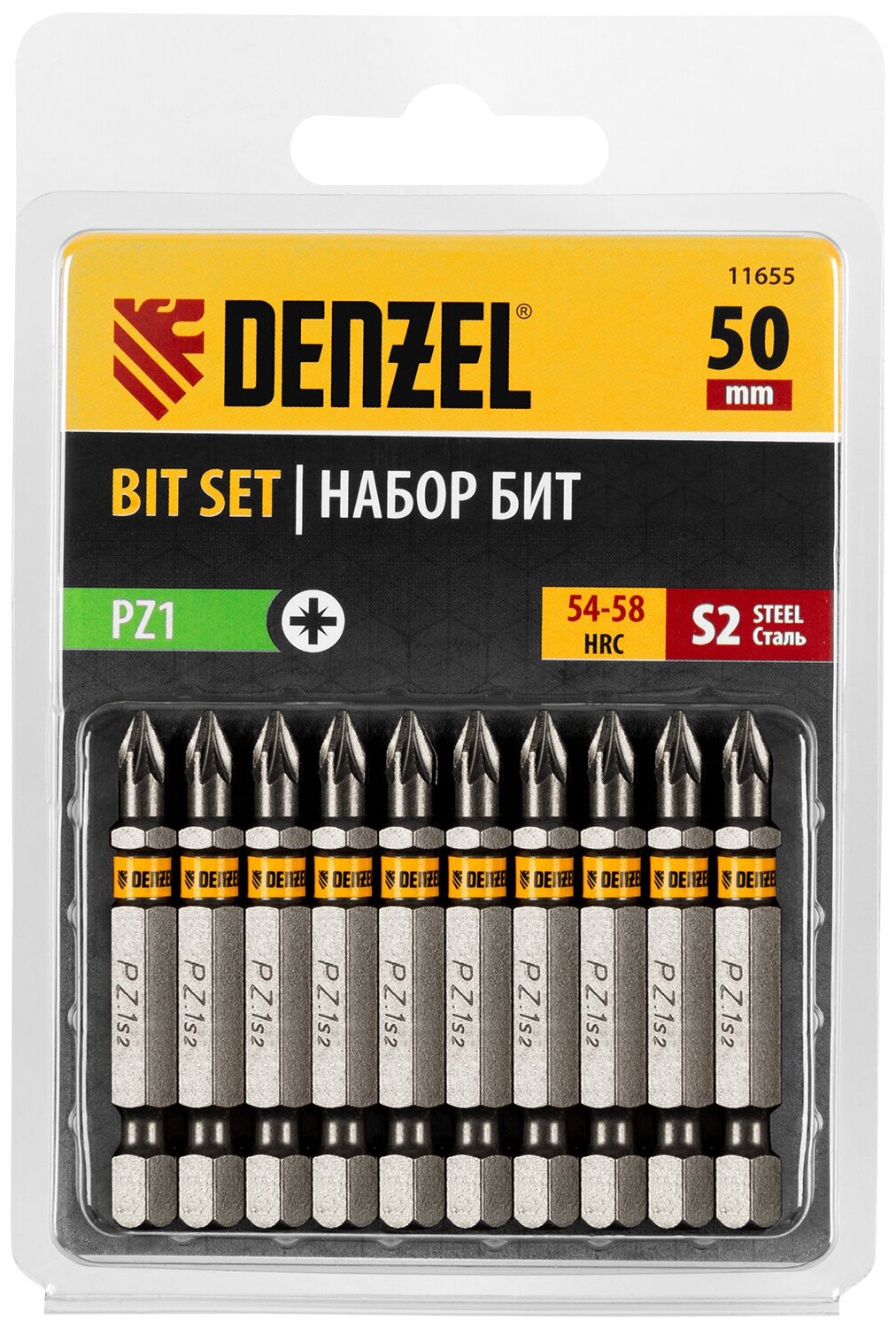 Набор бит Denzel PZ1х50 сталь S2, шестигранный профиль, 10 шт 11655