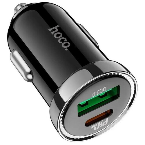 Автомобильное зарядное устройство быстрое PD+QC 3.0 USB+USB Type-C с кабелем Type-C - Lightning Hoco Z44 Leading - Черное автомобильное зу 2xusb с кабелем usb type c hoco z36 leader черное
