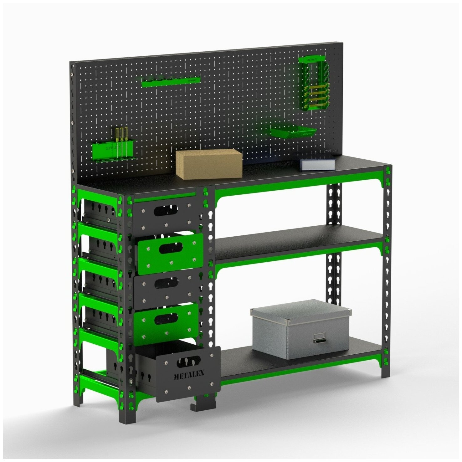 Стол-верстак Metalex c одной тумбой + перфопанель 950х1600х600 + набор аксессуаров - фотография № 1