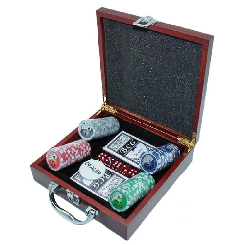 Набор для покера в деревянном кейсе (100 фишек с номиналом)