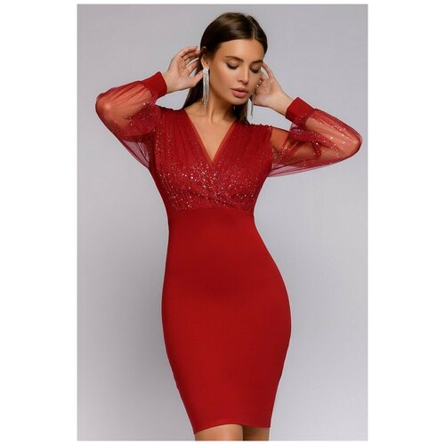 Платье красное длины мини с драпировкой и объемными рукавами из фатина 1001 DRESS (10421, красный, размер: 48) красного цвета