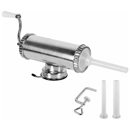 Шприц колбасный горизонтальный с объемом 25 кг металлический поршень вакуумная присоска к столу и струбцина для надежной фиксации 3 насадки разного диаметра 5645₽