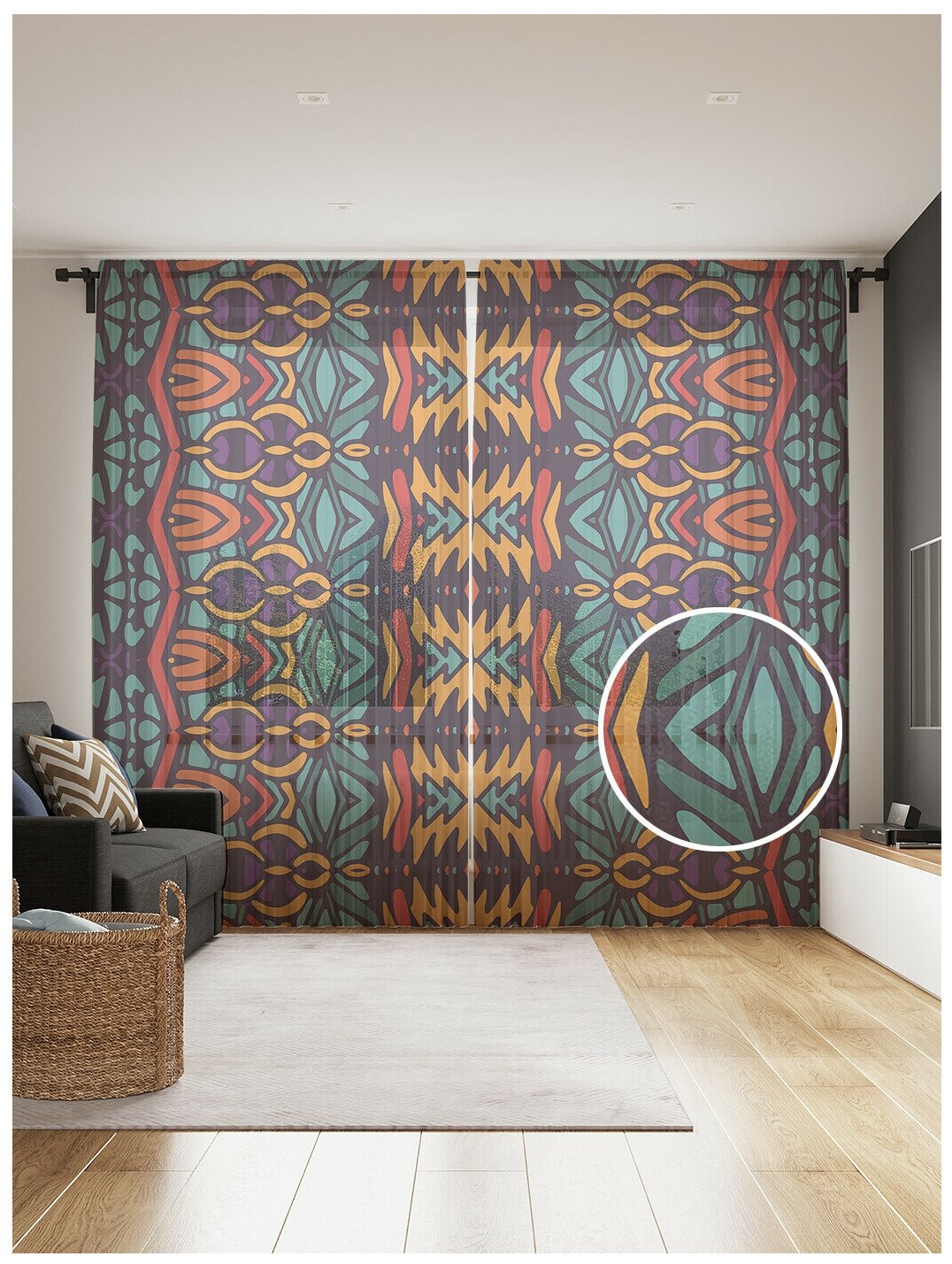 фото Тюль, фототюль длинный JoyArty "Вертикальный орнамент" высота 265 см, ширина 145 см (2 полотна) на шторной ленте, крючки в комплекте