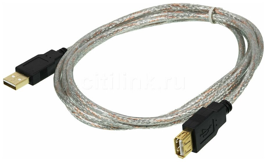 Кабель-удлинитель USB2.0 NINGBO USB A(m) - USB A(f), GOLD , 1.8м, прозрачный