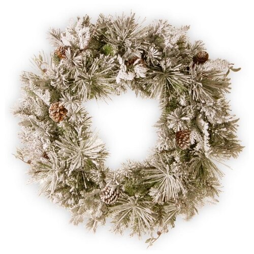 фото Хвойный венок bedford заснеженный с кедровыми и еловыми шишками, хвоя - леска, 61 см, national tree company 31sbew24/sbe