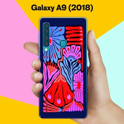 Силиконовый чехол на Samsung Galaxy A9 (2018) Цветы на синем / для Самсунг Галакси А9 2018