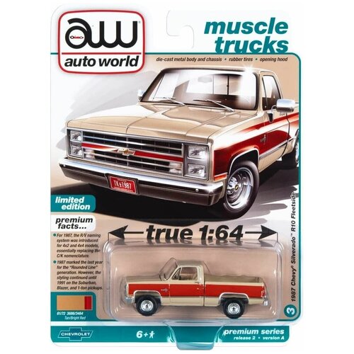 Модель коллекционная AUTO WORLD 1:64 1987 Chevy Silverado R10 Fleetside Tan Bright Red 17225re пикап 66 chevy fleetside