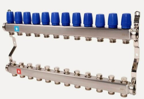 Изображение товара Коллекторная группа для тёплого пола TST, нержавеющая сталь, 12 контуров, 25мм